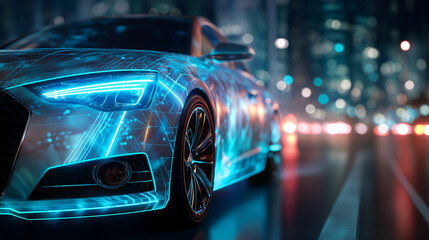 Futuristic car design illuminated with digital lines, advanced technology showcase, modern automotive environment, holographic vehicle display, with copy space