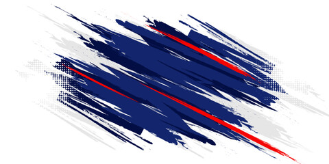 White abstract sport background featuring expressive red and dark blue paint brush strokes with halftone dot textures