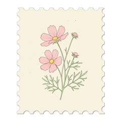 Hand Drawn Vintage Postage Stamp with Pink Cosmos Flowers Illustration