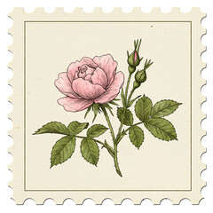Vintage Pink Rose Postage Stamp Illustration, Antique Floral Mail Art