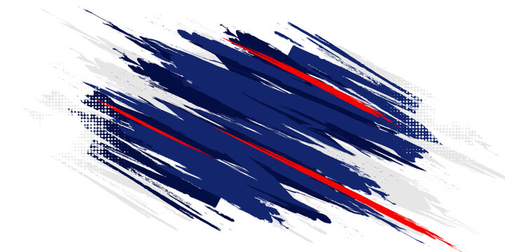White abstract sport background featuring expressive red and dark blue paint brush strokes with halftone dot textures
