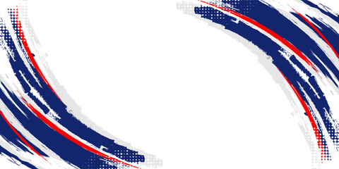 White abstract sport background featuring expressive red and dark blue paint brush strokes with halftone dot textures © Noegraha