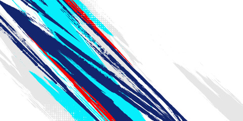 White abstract sport background featuring expressive red and dark blue paint brush strokes with halftone dot textures © Noegraha