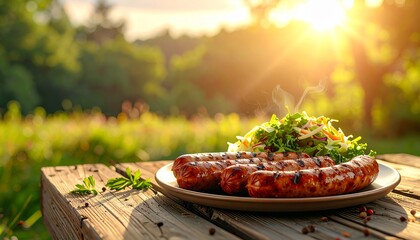 Eastern European Grilled Sausages. Barbeque Skewers Close Up
