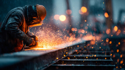 Welder grinding metal creating a shower of sparks