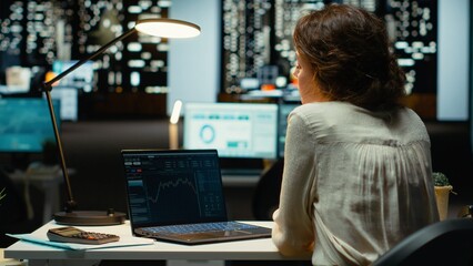 Employee monitors live stock market trends and cryptocurrency exchanges, leveraging technology and professional analysis to achieve trading objectives and optimize revenue. Night time. Camera B.