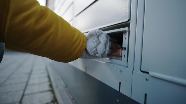 Girl Opens An Outdoor Automated Parcel Locker Compartment To Pick Up A Parcel