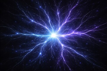 Abstract Energy Burst with Blue and Purple Filaments Glowing on Black Background