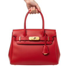 Red leather handbag with gold hardware isolated on transparent background