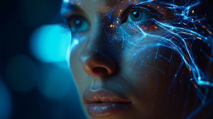 Close-up of faceless woman's face illuminated by digital data, futuristic and tech-inspired aesthetic showcase, holographic overlay visualization, with copy space