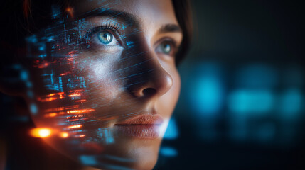 Close-up of faceless woman's face illuminated by digital data, futuristic and tech-inspired aesthetic showcase, holographic overlay visualization, with copy space