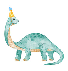 Naklejka premium Cute Brontosaurus with Birthday Hat for Party. Watercolor illustration for nursery, and invitation card.