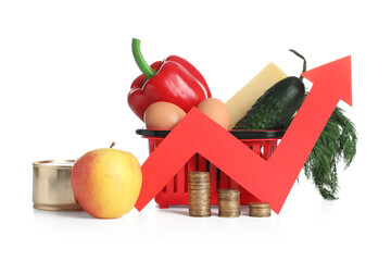 Shopping basket with food products, coins and arrow on white background. Price rise concept