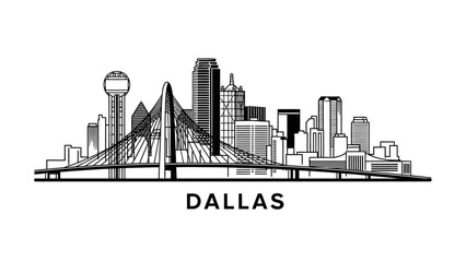 Cityscape illustration of Dallas skyline with bridge and skyscrapers from a distant viewpoint