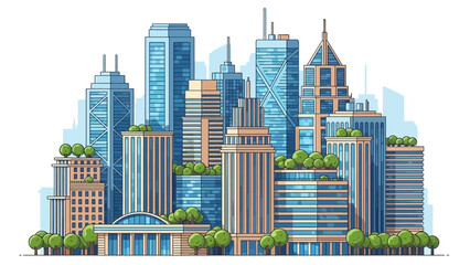 Cityscape illustration featuring modern skyscrapers and urban landscape with trees and buildings