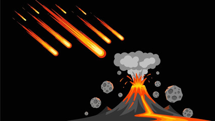 Volcanic Eruption with Meteorites Falling from Space onto a Volcano