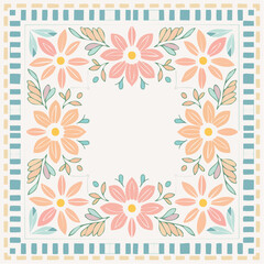 Soft Pastel Floral Square Border Design With Gentle Leaves And Repeating Geometric Pattern On A White Background