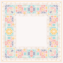 Ornate Pastel Geometric Pattern Square Frame with Floral Motifs and Abstract Lines in a Soft Light