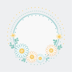 Delicate Floral Wreath With Daisies And Teal Leaves On White Background With Golden Dot Border