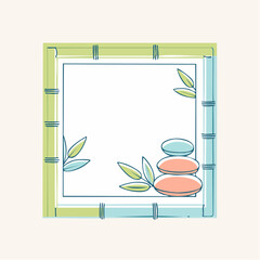 Square Bamboo Frame Border With Stacked Smooth Stones And Green Leaves Decoration on Light Beige Background
