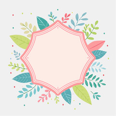 Decorative Floral Frame With Empty Pink Center For Text And Colorful Botanical Elements In Soft Pastel Colors Against A Light Background
