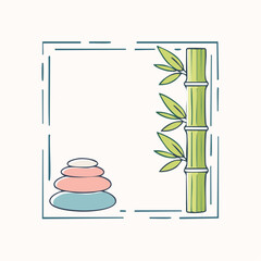 Calming Zen Spa Border with Stacked Stones and Bamboo Stalk Delicate Green and Pink Hues Soft Natural Light