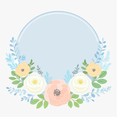 Soft Pastel Floral Wreath Arrangement With Gentle Blue Background And Delicate Leafy Accents