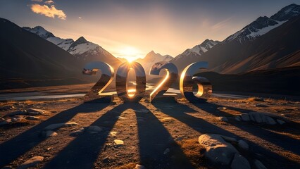 Dramatic landscape photograph featuring large reflective metallic 2026 numbers positioned on a rocky terrain, with snow-capped mountains and a glowing sunrise in the background