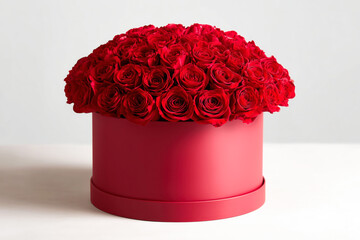 Luxurious bouquet of red roses arranged in a round box