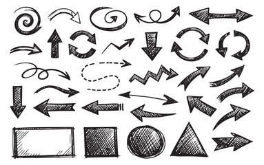 Hand drawn line art arrow and shape set featuring various direction indicators, refresh symbols, and geometric figures with a textured fill for graphic design projects and infographics
