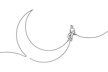 Minimalist Line Art Man Sitting on Crescent Moon for Dream and Hope