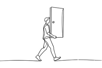 Minimalist Line Art Man Walking Carrying Door for New Opportunity and Change