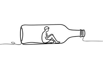 Minimalist Person Sitting Inside Bottle Shape Line Art Illustration for Abstract Concept