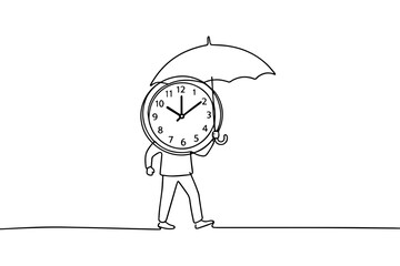 Minimalist Person Carrying Clock Under Umbrella Line Art Illustration for Time Concept