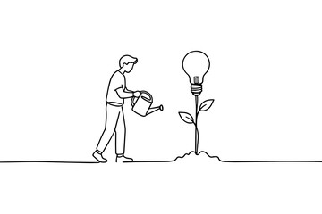 Minimalist Man Watering Plant with Light Bulb Shape Line Art Illustration for Growth Concept