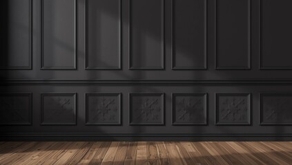 Modern classic black matte, baroque, blank wall, molding, empty interior with wall panels and wooden floor. 3d render illustration mock up
