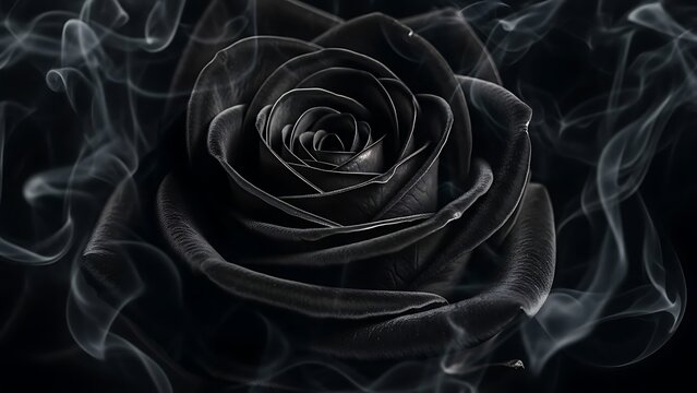 Ethereal Black Rose Surrounded by Mysterious White Smoke and Mist