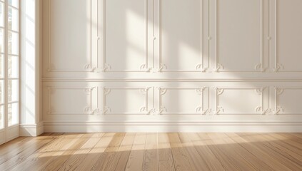 Modern classic gray empty interior with wall panels molding and wooden floor.