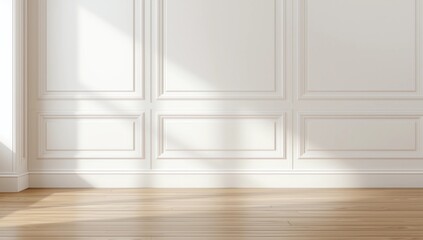 Modern classic gray empty interior with wall panels molding and wooden floor.