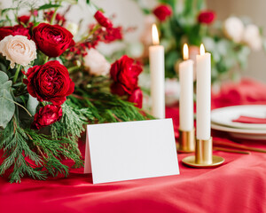 Romantic table setting with blank place card, candles, and red florals