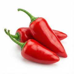 three bright red chili peppers with their green stems still attached