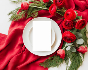 Romantic menu card mockup set on elegant plate with red florals and festive greenery