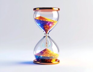 Glowing hourglass with celestial sand flowing inside, on a white surface