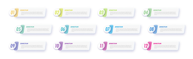 Bullet points numbers from 1 to 12 list markers set colorful trendy typography for presentation