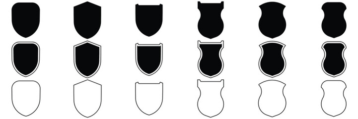 Shield icons set. Shield shape icons. Symbol shape. Different shields collection. Police badge.