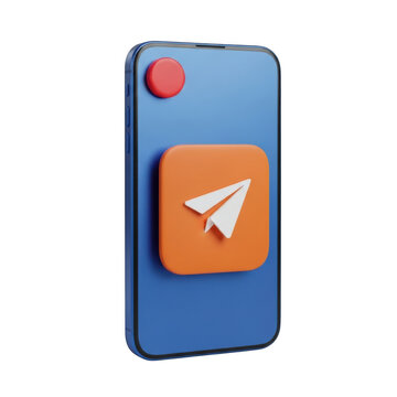 Blue smartphone with telegram app icon isolated on transparent background