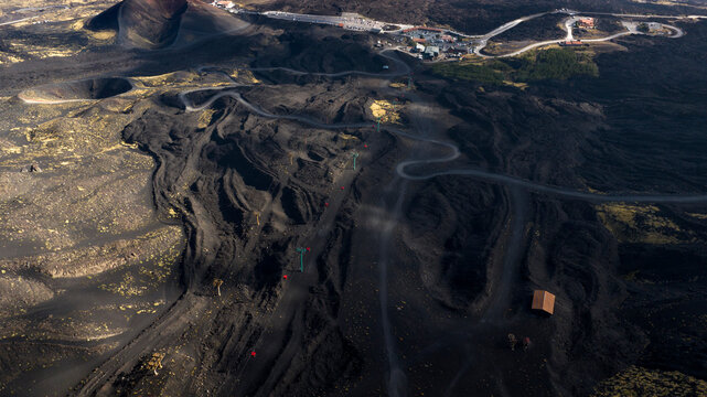 Aerial view of the Sapienza refuge located on Mount Etna in Sicily, southern Italy. It is the highest active volcano in Europe
