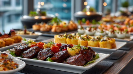 Stunning photo of catering company, office corporate canteen, assortment of dishes and snacks, buffet for a business party, serving dishes at the event.