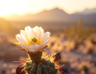 a close-up of a white flower with a soft glow, set in a desert landscape during sunset