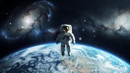 Awe-inspiring lone astronaut standing on Earth's luminous blue marble against cosmic nebulae - Powered by Adobe